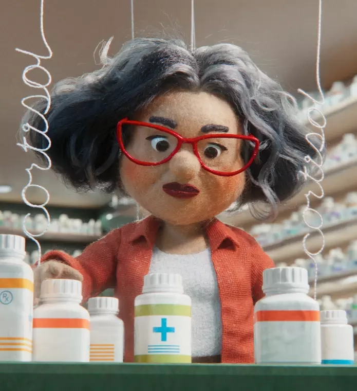 A puppet in a pharmacy